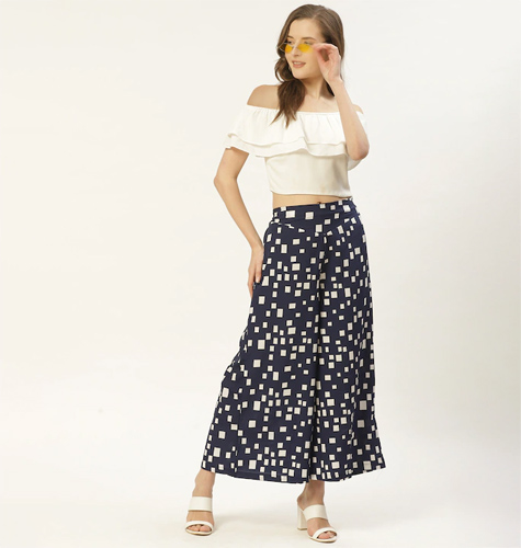 Women Navy Blue & White Printed Wide Leg Cropped Palazzos